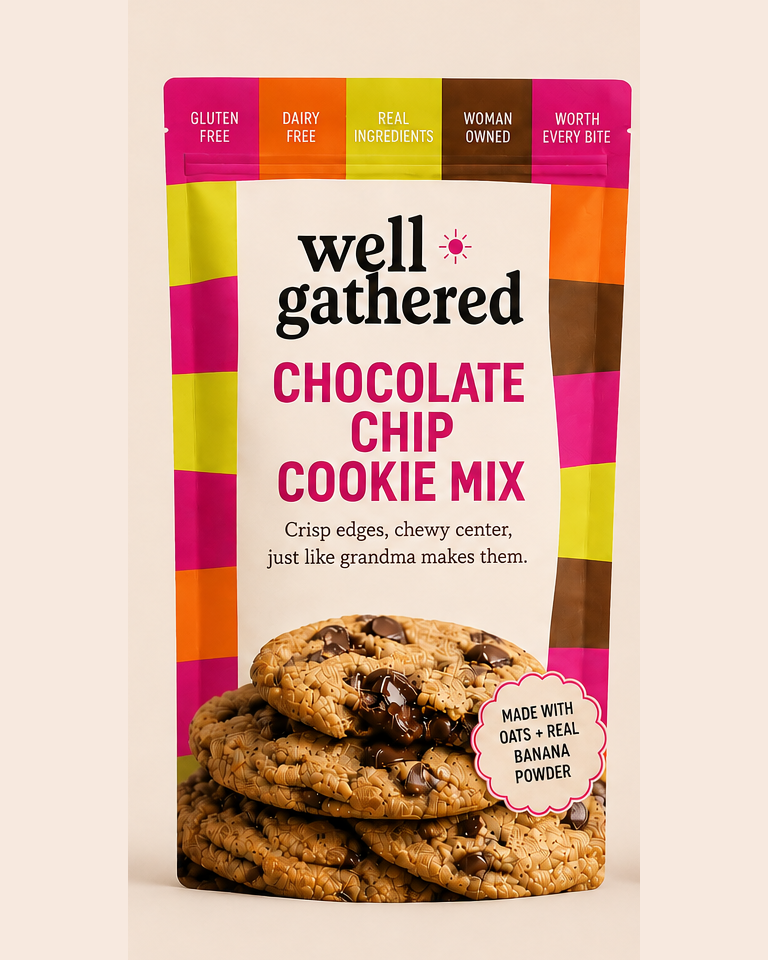 Well Gathered Chocolate Chip Cookie Mix stand-up pouch with a pink, orange, and olive checkered border, showing a stack of chocolate chip cookies