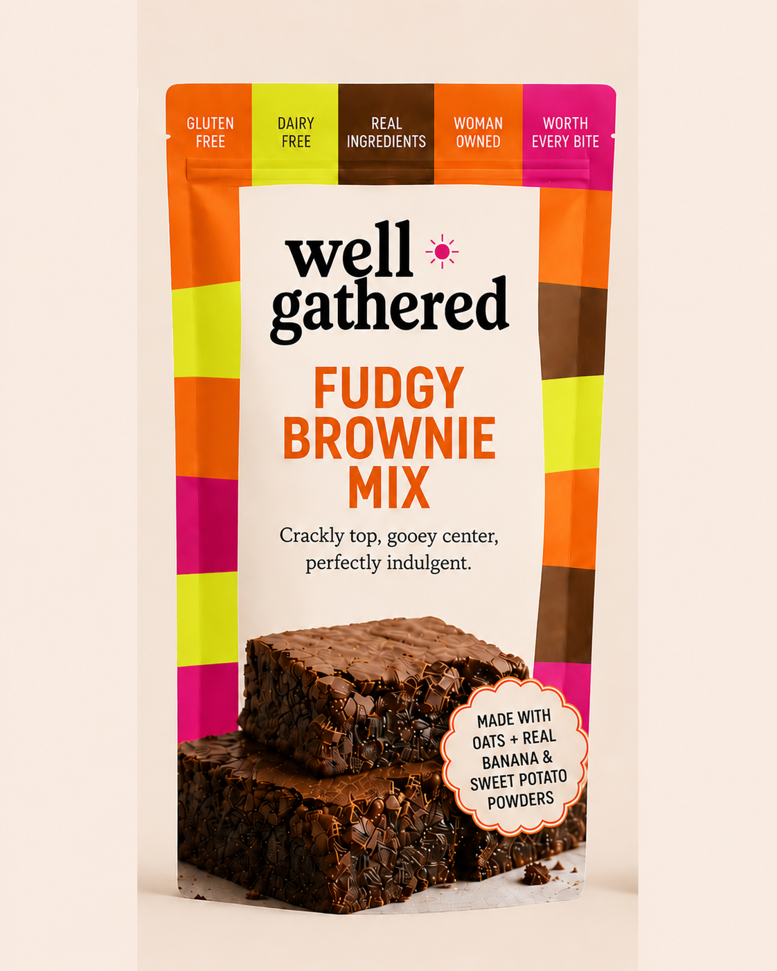 Well Gathered Fudgy Brownie Mix stand-up pouch with a pink, orange, and olive checkered border, showing a stack of fudgy brownies